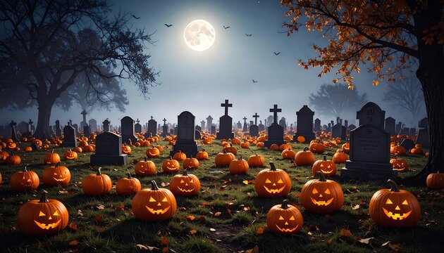 Jack-o'-lanterns illuminate a graveyard under a full moon