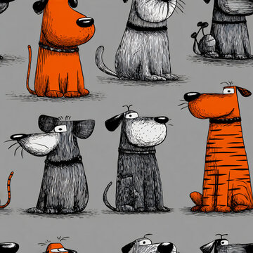 Dog Cartoon Illustration Pattern Art Whimsical Playful Cute Furry Friend Comical Mischievous Happy Puppy Character Funny Decorative Background Pawprints Kids Toys Friendship Socialization Doglover