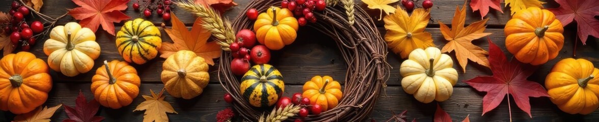 Abundant Autumn Harvest Wreath Rustic Gourds, Berries, Wheat, and Colorful Leaves Overflowing for Thanksgiving and Fall Decor