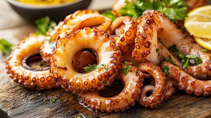 Grilled Octopus Served with Fresh Herbs and Lemon Wedges