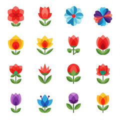 Colorful geometric flowers blooming in a garden with vibrant petals and green leaves creating a cheerful and modern springtime scene.