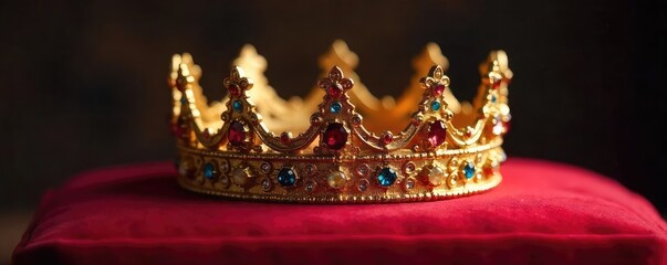 A radiant golden crown, adorned with intricate carvings and sparkling gemstones, rests on a velvet cushion Perfect for fantasy, mythology, royalty, and religious themes , fantasy, celestial, emblem
