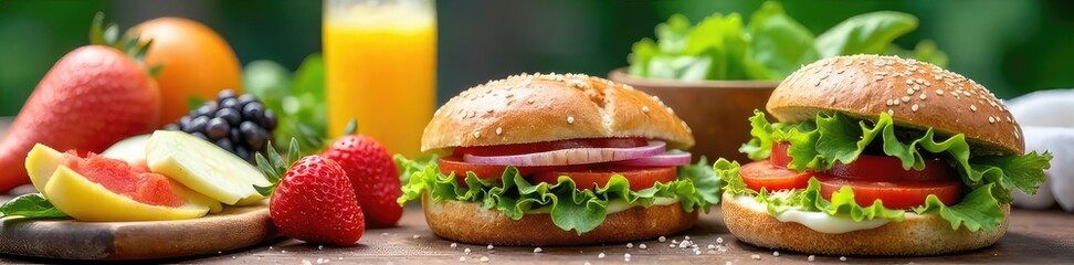 A vibrant spread of healthy and delicious lunch options, including fresh salad, sandwiches, and fruit, perfect for a picnic or office lunch , cleaneating, protein