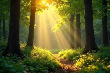 Golden sunlight streams through leaves, dappling the forest floor in bright patches of light and shadow on a warm, sunny day Perfect for nature, summer, or environmental themes , shadows, serene