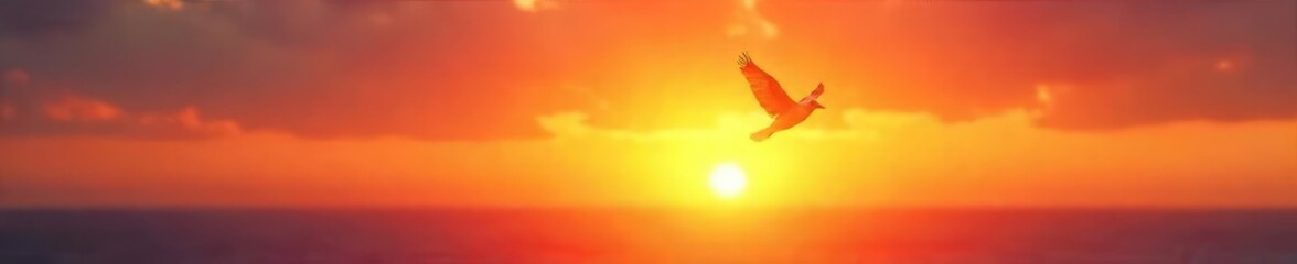 A single, delicate bird in flight against a vibrant sunrise, symbolizing the enduring power of hope and new beginnings , feather, faith