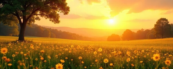 Golden sunlight bathes a landscape in warm, vibrant hues Perfect for projects needing a cheerful, optimistic, and summery feel Ideal for backgrounds, websites, and more , light, day