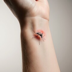 Obraz premium Mosquito biting human skin close-up showing insect bite process and blood sucking for medical and pest control awareness