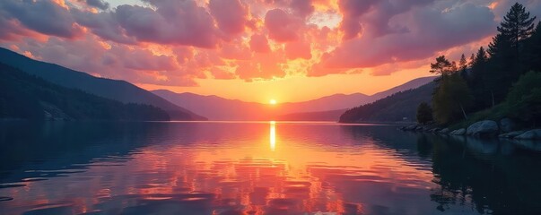 Serene Sunset Lake Calm Water Reflecting Warm Colors, Peaceful Landscape Perfect for Travel and Relaxation