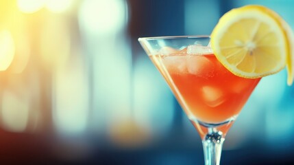 Refreshing Colorful Cocktail with Lemon Slice and Ice Cubes