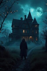 Shadowy Figure at Gothic Mansion on a Stormy Night A Crime Scene of Mystery and Fear