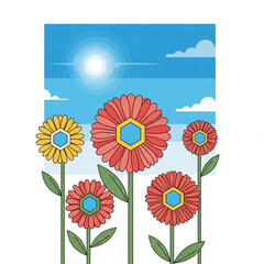 Colorful flowers bloom under bright sun in a whimsical garden against a blue sky, creating a cheerful and vibrant scene.