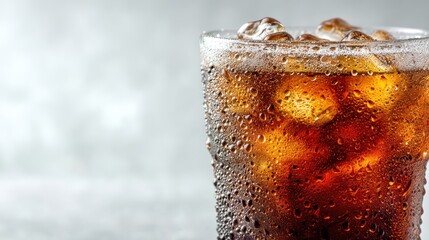 Close-up of a glass filled with ice cubes and cold fizzy soda drink with condensation droplets