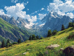 Serene Alpine Meadow with Snow-Capped Peaks and Wildflowers Under a Blue Sky, a Peaceful Mountain Landscape