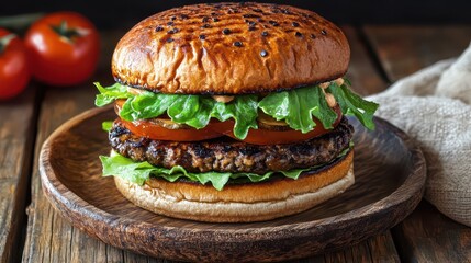 Delicious Vegan Burger with Fresh Vegetables on Rustic Wooden Plate for World Vegetarian Day
