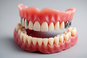 Fototapeta premium Realistic dental prosthesis with porcelain teeth and metal crowns dentures