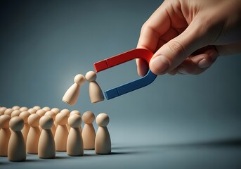 Conceptual depiction of talent acquisition, where a hand wields a magnet to attract and select ideal candidates from a crowd, symbolizing strategic HR recruitment and business team building (92).jpg