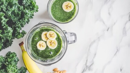 Top view of green smoothie preparation with kale, banana and almonds on a marble surface. Healthy vegetarian eating concept.