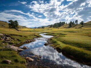 Serene Meandering Stream in Bayanbulak's Verdant Meadows, Mirroring Azure Skies and Wispy Clouds - A Tranquil Pastoral Landscape