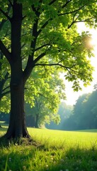 Obraz premium Serene Summer Sunlight Dapples Forest Floor Gentle Breeze Ruffles Tall Tree Leaves, Peaceful Nature Scene, Relaxation Tranquility