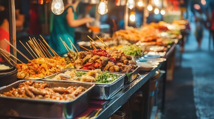 Obraz premium Vibrant Street Food Market Stall with Delicious Dishes and Lights