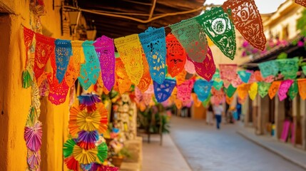 Fototapeta premium Vibrant Colorful Banners in a Charming Latin American Street Scene