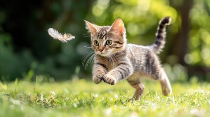 A playful kitten chasing a feather in a grassy outdoor setting.