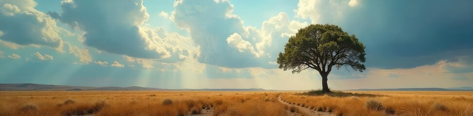 Fototapeta premium A lone tree stands on a vast, empty plain under a dramatic sky The sense of isolation is palpable, emphasizing the scale of the landscape and the tree's resilience , adventure, desert, open space