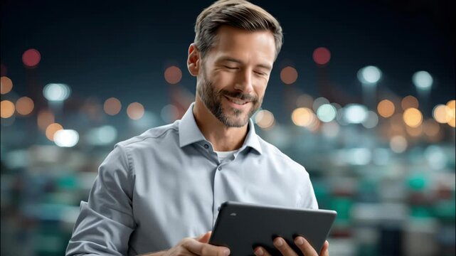 Smiling businessman using tablet at night with city lights showing logistics storage solutions for efficient warehouse management and technology