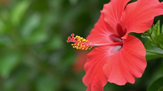 A vivid red hibiscus flower blooms with a prominent stamen set against a soft blurry green background