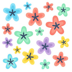 Colorful flowers scattered on white surface creating a cheerful and vibrant pattern, perfect for spring or summer themed projects.