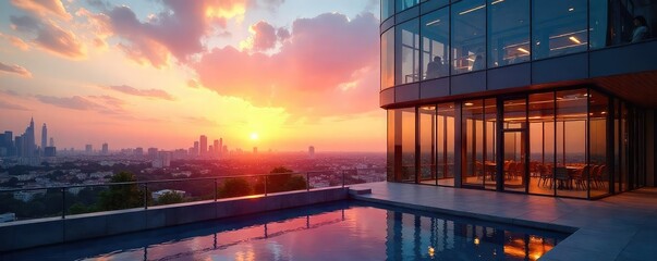 A sleek modern office building exterior, reflecting a cityscape at sunset; ideal for business travel and corporate relocation imagery , window, building exterior, golden hour