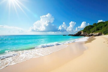Sun-kissed sand, turquoise waves gently lapping the shore, a serene coastal scene perfect for relaxation and escape The tranquil beauty of a pristine beach landscape , coastline, waves