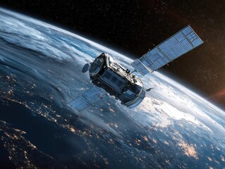 Sleek High-Tech Artificial Satellite Orbiting Earth Amid Twinkling Stars
