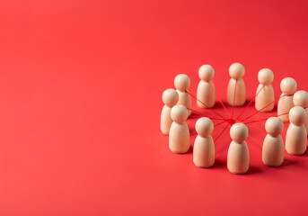 Concept of teamwork, unity, and interconnectedness illustrated with wooden figures linked by red threads against a vibrant red background, symbolizing collaboration and social connections.