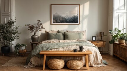Diseño interior de dormitorio con maqueta de marco de póster, cama acogedora, ropa de cama beige, plantas en macetas, elegante banco de madera, lámpara y accesorios personales.