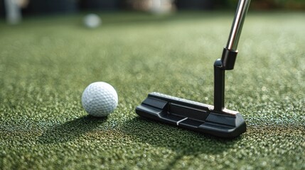 Focused close-up showing steady putter near golf ball with perfect alignment on textured turf