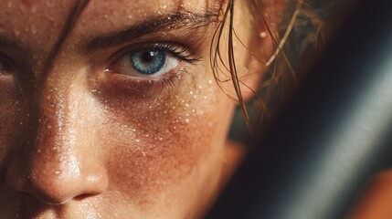 Focused gym scene showing closeup of sweaty female face with intense gaze on elliptical workout