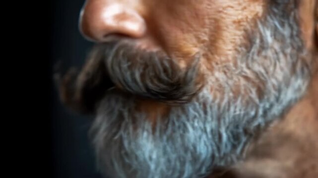 Close-up of a man's face with a large, detailed mustache and beard
