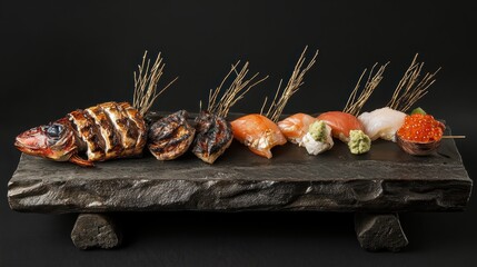 Gourmet Sushi and Grilled Fish Presented on Slate Board Display