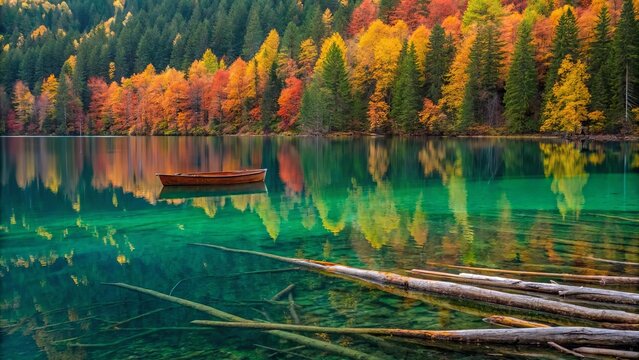 Beautiful autumn turquoise lake reflecting vibrant colorful foliage in its crystal-clear water, with logs floating at water surface, a wooden dinghy creating a serene and magical natural scene
