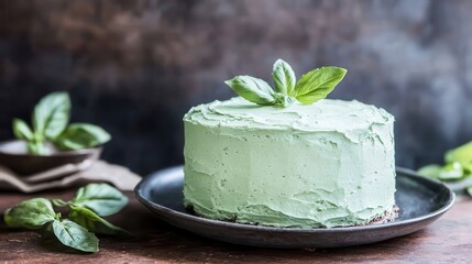 Green Basil Cake Decorated with Fresh Leaves on Rustic Table