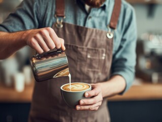 Barista Pouring Milk Into A Cup Of Freshly Brewed Coffee At Coffee Shop