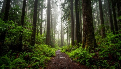 Obraz premium Misty forest path, lush ferns, tall trees