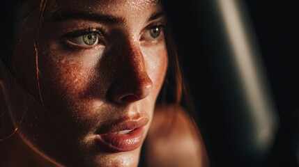 Focused woman sweaty face highlighted in dramatic lighting during cardio on elliptical trainer