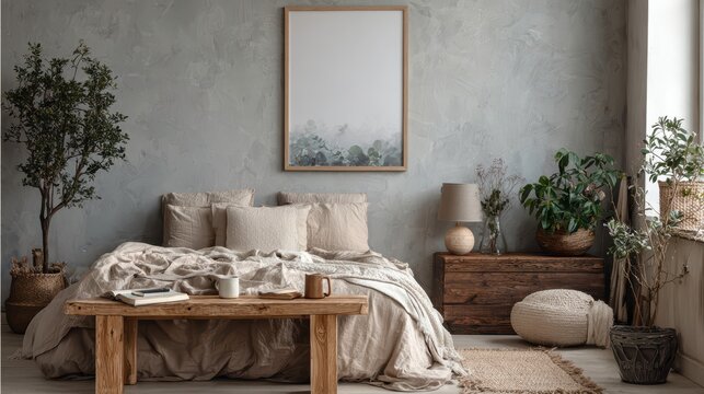 Dise&ntilde;o interior de dormitorio con maqueta de marco de p&oacute;ster, cama acogedora, ropa de cama beige, plantas en macetas, elegante banco de madera, l&aacute;mpara y accesorios personales.