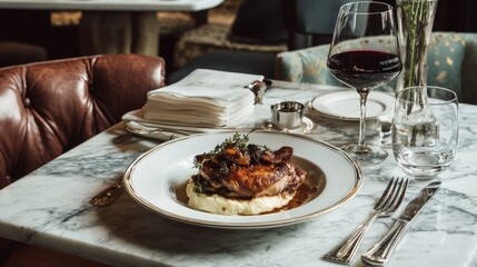 French cuisine setting with duck confit, truffle mashed potatoes, and a glass of Burgundy on an elegant marble table
