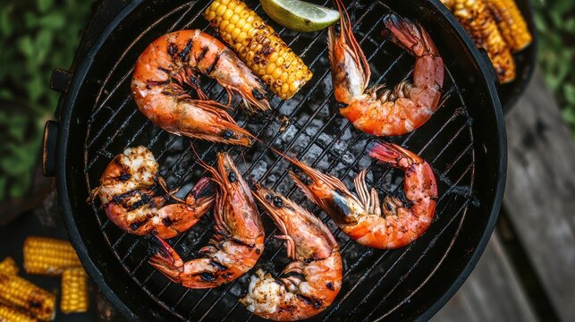 Grilled Shrimp on Barbecue with Corn and Lime Slices in Summer