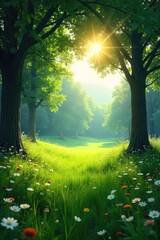 Obraz premium Serene sunlight streams through the branches of trees onto a lush, green meadow, wildflowers dotting the landscape Peaceful, idyllic scene perfect for nature-themed projects , spring, pastoral