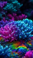 Obraz premium A vibrant tropical reef in the blue ocean is home to a colorful anemone and various marine fish swimming among the coral plants