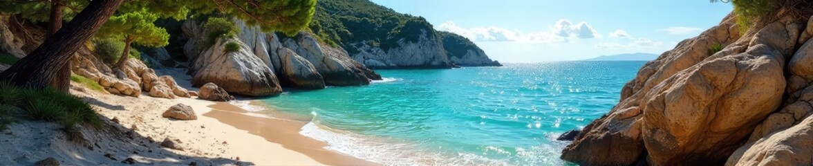 Fototapeta premium Sun-drenched rocks embrace a tranquil, secluded cove Azure water laps gently against the shore, creating a serene summer scene Perfect for relaxation and escape , sunshine, coast, relaxation